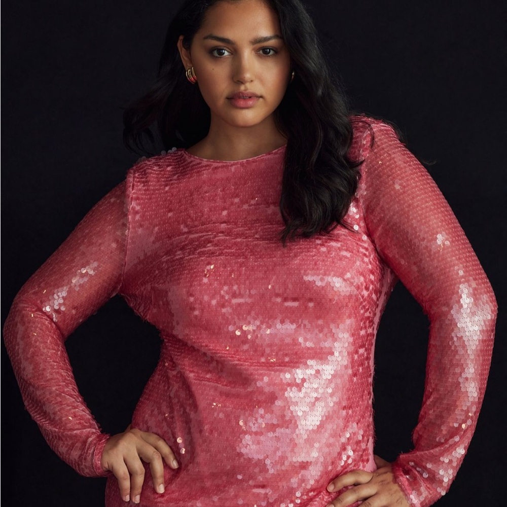 Anthropologie Sequin Mini back dress. Pink Sequin Long Sleeve Dress.
